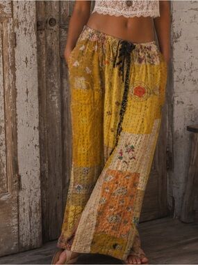 💛 NWOT | Gold-Tone Patchwork Kantha Drawstring Pants | One Size